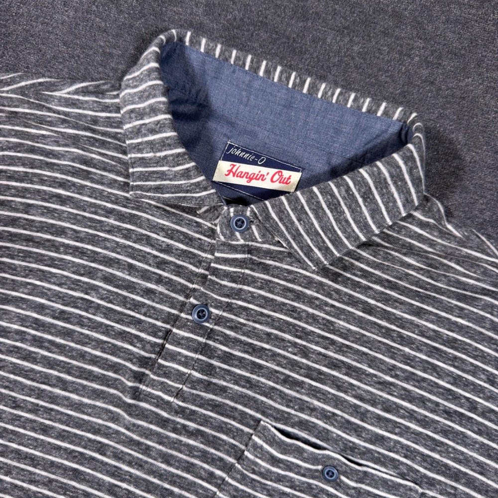 Johnnie-O Hangin Out Polo Mens Medium Gray Striped Linen Cotton Blend Pocket